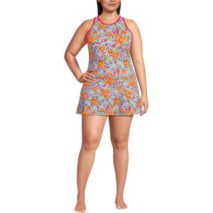 Lands’ End Women’s Chlorine Resistant Tugless High Neck Swim Dress One Piece Swimsuit(Blue Springside Floral)