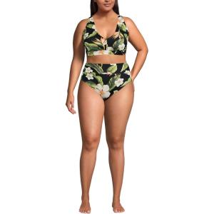 Lands’ End Women’s Chlorine Resistant V-Neck Midkini Swimsuit Top and High Leg High Waisted Bottoms 2 Piece Set(Hibiscus Floral/Black)