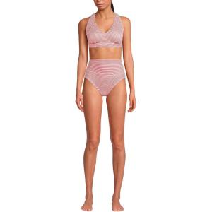 Lands’ End Women’s Chlorine Resistant V-Neck Midkini Swimsuit Top and High Leg High Waisted Bottoms 2 Piece Set(Wood Lily Mini Stripe)