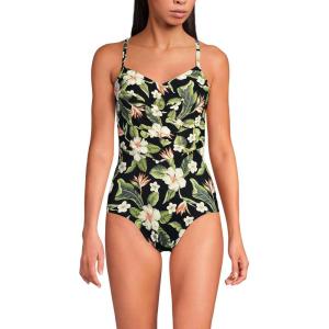 Lands’ End Women’s Slender Suit V-Neck Pleated X-Back One Piece Swimsuit Adjustable Straps(Hibiscus Floral/Black)