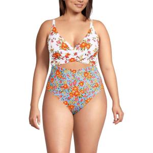 Lands’ End Women’s Wrap Monokini High Leg One Piece Swimsuit(White/Blue Spring Floral)
