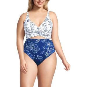 Lands’ End Women’s Wrap Monokini High Leg One Piece Swimsuit(White/Blue Vintage Floral Mix)