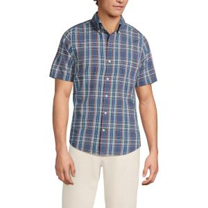 Lands’ End Men’s Traditional Fit Short Sleeve Madras Shirt(Light Indigo Blue Madras)