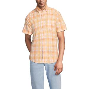Lands’ End Men’s Traditional Fit Short Sleeve Madras Shirt(Subtle Apricot/Yellow Plaid)