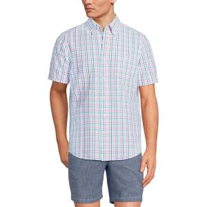 Lands’ End Men’s Short Sleeve Seersucker Shirt(Tropical Teal Tattersall)