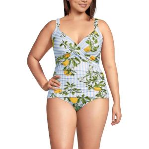 Lands’ End Women’s Chlorine Resistant Wrap Tankini Swimsuit Top(Soft Sky Blue/Citrus Stripe)