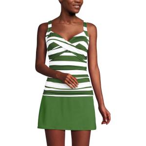 Lands’ End Women’s Chlorine Resistant Wrap Tankini Swimsuit Top(White/Fusion Green Stripes)