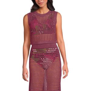 Lands’ End Women’s Cotton Viscose Open Knit Sleeveless Scoop Neck Top Cover Up(Burgundy Spritz)