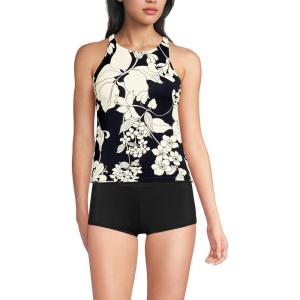 Lands’ End Women’s Tugless High Neck Strappy Back Tankini Swimsuit Top(Black/Egret Lilies)