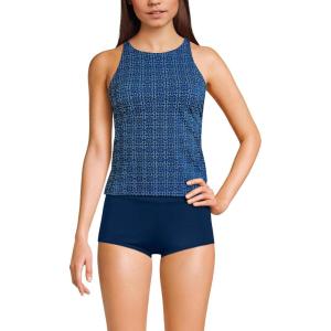 Lands’ End Women’s Tugless High Neck Strappy Back Tankini Swimsuit Top(Navy Mosaic Mini Tile)