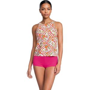 Lands’ End Women’s Tugless High Neck Strappy Back Tankini Swimsuit Top(White/Orange Scarf Floral)