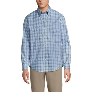 Lands’ End Men’s Traditional Fit No Iron Twill Shirt(Light Indigo Blue Plaid)