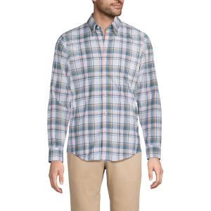 Lands’ End Men’s Traditional Fit No Iron Twill Shirt(White/Rain Storm Blue Plaid)