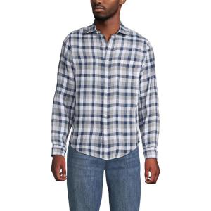 Lands’ End Men’s Long Sleeve Linen Shirt(Light Indigo Blue/Tan Plaid)