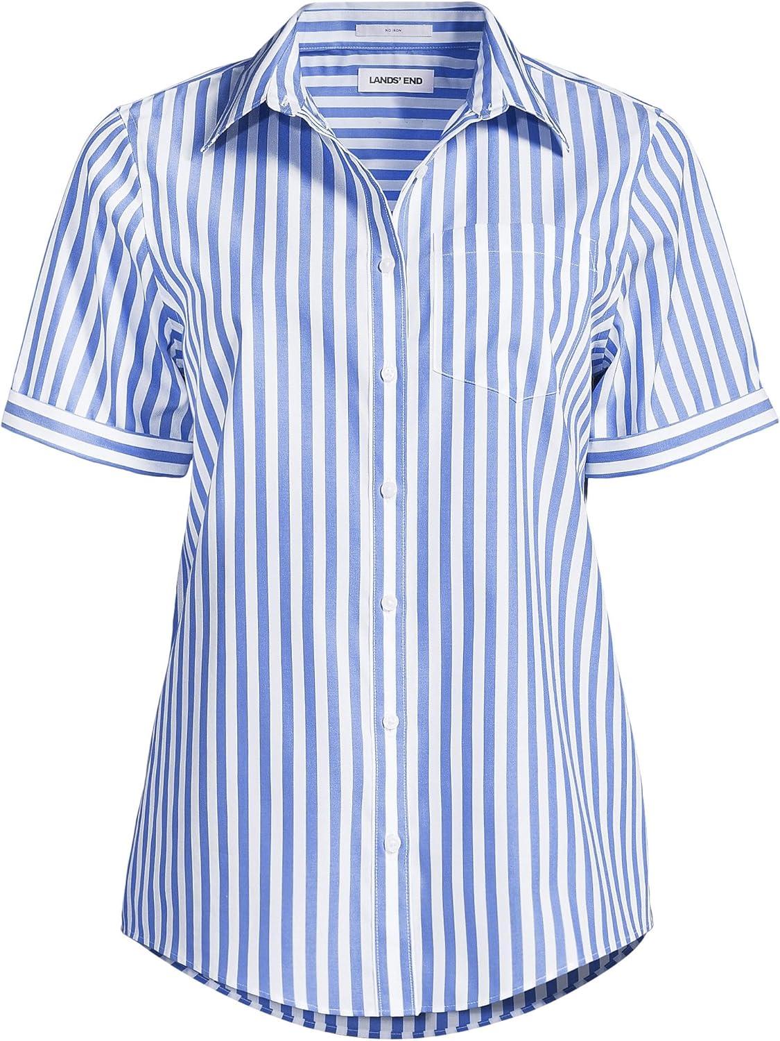 imageLands End Womens Short Sleeve No Iron ShirtClear Blue Refined Stripe