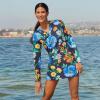 Lands’ End Women’s Cotton Jersey Long Sleeve Hooded Swim Cover-up Dress(Navy/Exploded Poppy Floral)