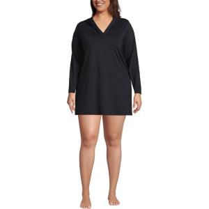 Lands’ End Women’s Cotton Jersey Long Sleeve Hooded Swim Cover-up Dress(Black)