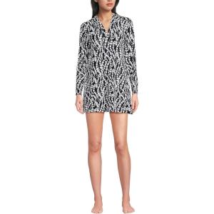 Lands’ End Women’s Cotton Jersey Long Sleeve Hooded Swim Cover-up Dress(Black/White Vine Floral)