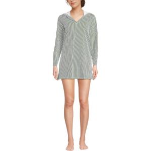 Lands’ End Women’s Cotton Jersey Long Sleeve Hooded Swim Cover-up Dress(Fusion Green Mini Stripe)