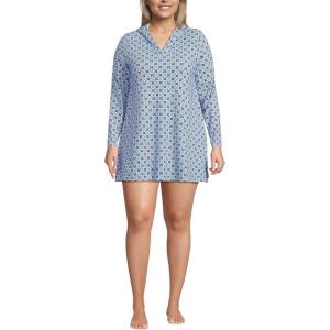 Lands’ End Women’s Cotton Jersey Long Sleeve Hooded Swim Cover-up Dress(Lake Blue Geo Floral)