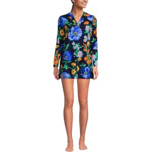 Lands’ End Women’s Cotton Jersey Long Sleeve Hooded Swim Cover-up Dress(Navy/Exploded Poppy Floral)