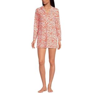 Lands’ End Women’s Cotton Jersey Long Sleeve Hooded Swim Cover-up Dress(Orange Mini Tropic Leaves)