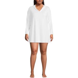 Lands’ End Women’s Cotton Jersey Long Sleeve Hooded Swim Cover-up Dress(White)