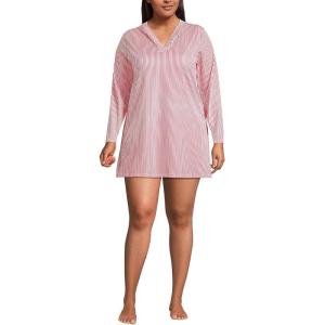 Lands’ End Women’s Cotton Jersey Long Sleeve Hooded Swim Cover-up Dress(Wood Lily Mini Stripe)