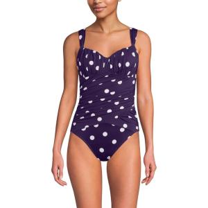 Lands’ End Women’s Smoothing Sweetheart Shirred One Piece(Blackberry Polka Dot)