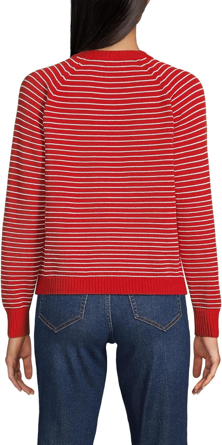 imageLands End Womens Drifter Jacquard Raglan Crew Neck SweaterCompass RedIvory Mini Stripe