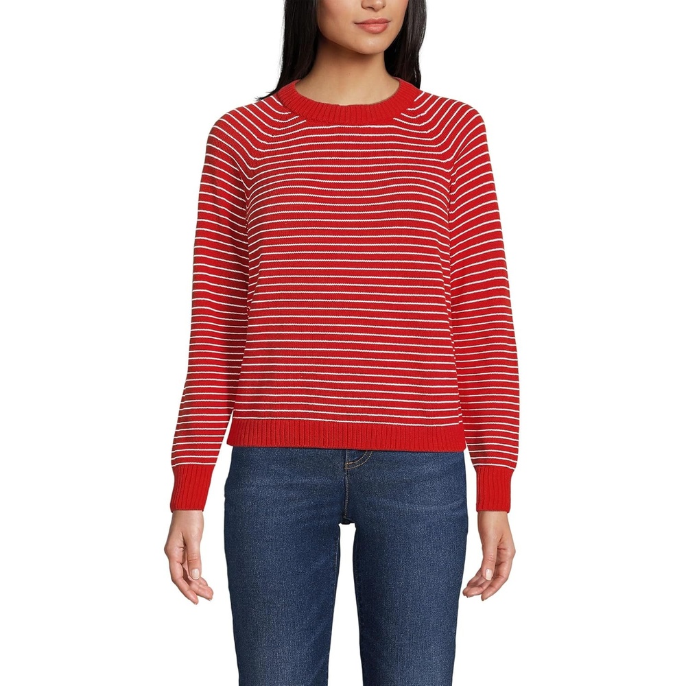imageLands End Womens Drifter Jacquard Raglan Crew Neck SweaterCompass RedIvory Mini Stripe