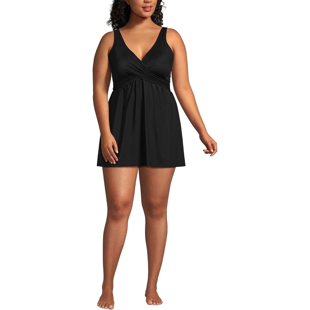 imageLands End Womens SlenderSuit VNeck Wrap Swim Dress One Piece Swimsuit Adjustable StrapsBlack