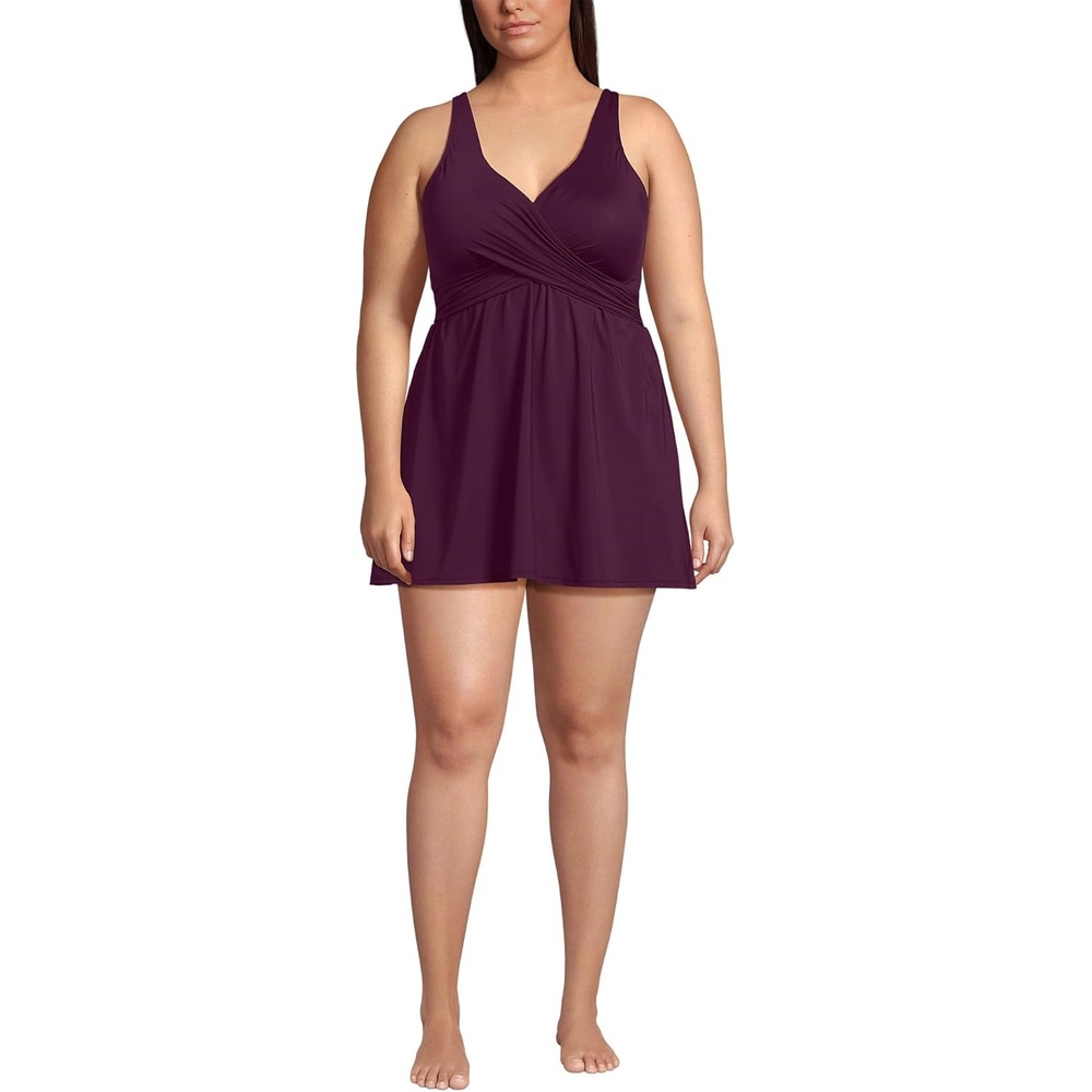 imageLands End Womens SlenderSuit VNeck Wrap Swim Dress One Piece Swimsuit Adjustable StrapsDark Wine