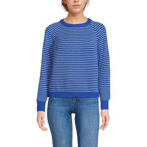 Lands’ End Women’s Drifter Jacquard Raglan Crew Neck Sweater(Lapis/Ivory Mini Stripe)