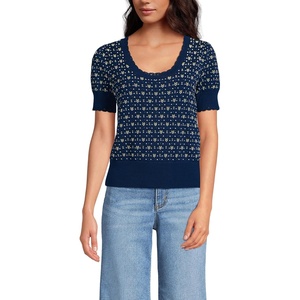 Lands’ End Women’s Fine Gauge Cotton Jacquard Scoop Neck Sweater(Deep Sea Navy Floral Jacquard)