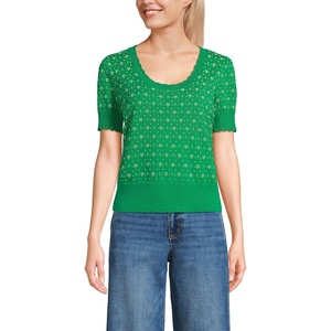 Lands’ End Women’s Fine Gauge Cotton Jacquard Scoop Neck Sweater(True Green Floral Jacquard)