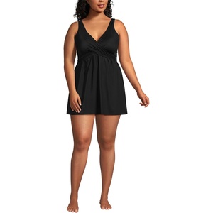 Lands’ End Women’s SlenderSuit V-Neck Wrap Swim Dress One Piece Swimsuit Adjustable Straps(Black)
