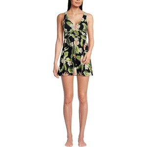 Lands’ End Women’s SlenderSuit V-Neck Wrap Swim Dress One Piece Swimsuit Adjustable Straps(Hibiscus Floral/Black)