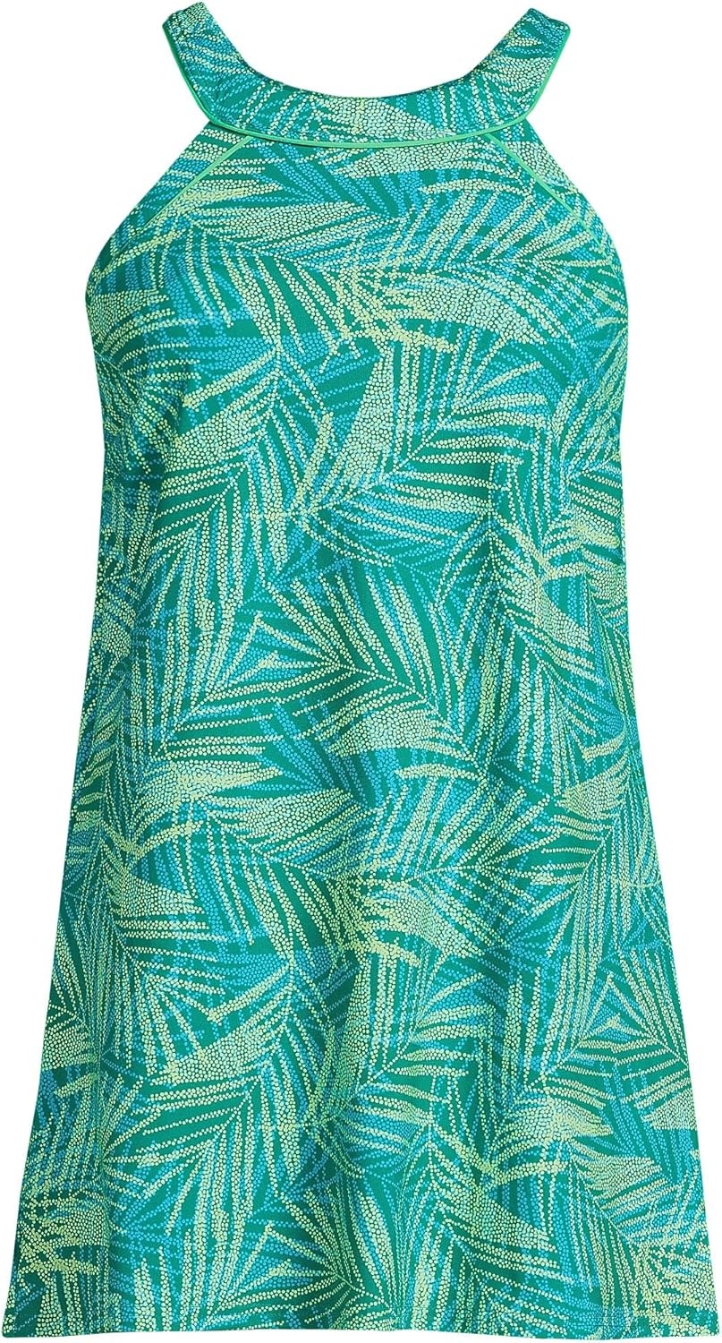 image:imageLands End Womens High Neck Swim Dress SwimsuitEmerald Stipple Palm