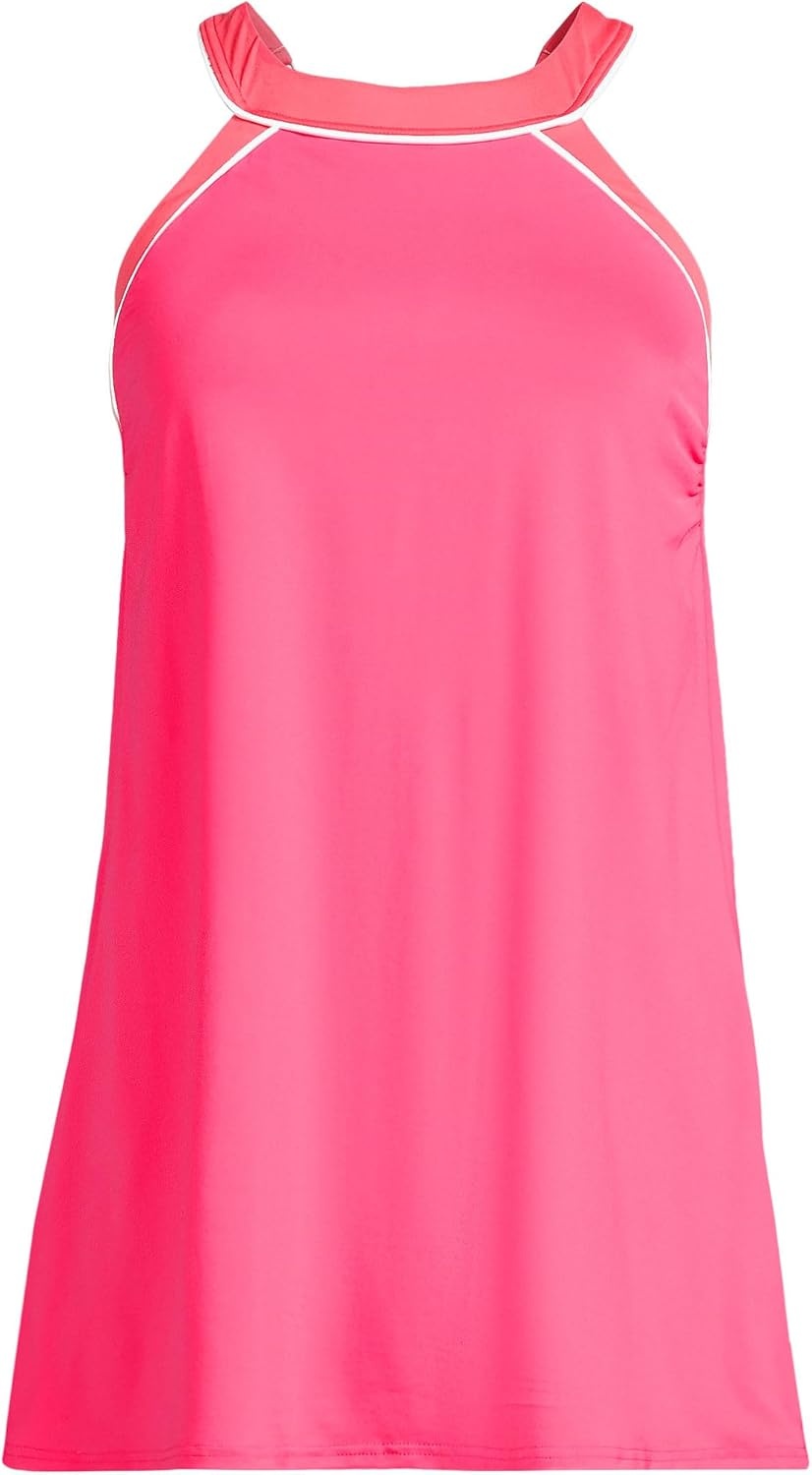 image:imageLands End Womens High Neck Swim Dress SwimsuitRouge PinkWood Lily