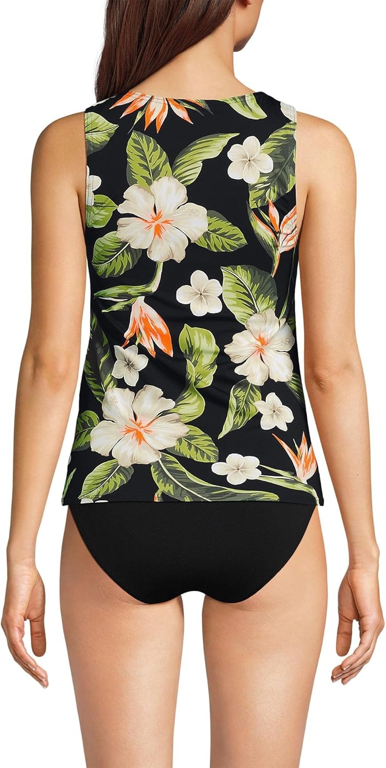 imageLands End Womens High Neck UPF 50 Modest Tankini Top SwimsuitHibiscus FloralBlack