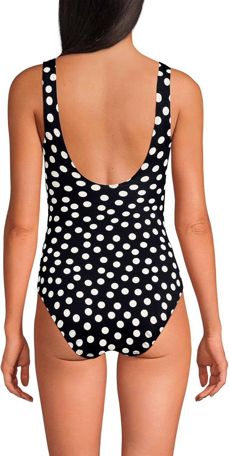 imageLands End Womens New SlenderSuit Wrap One Piece SwimsuitBlackEgret Mixed Tossed Dots