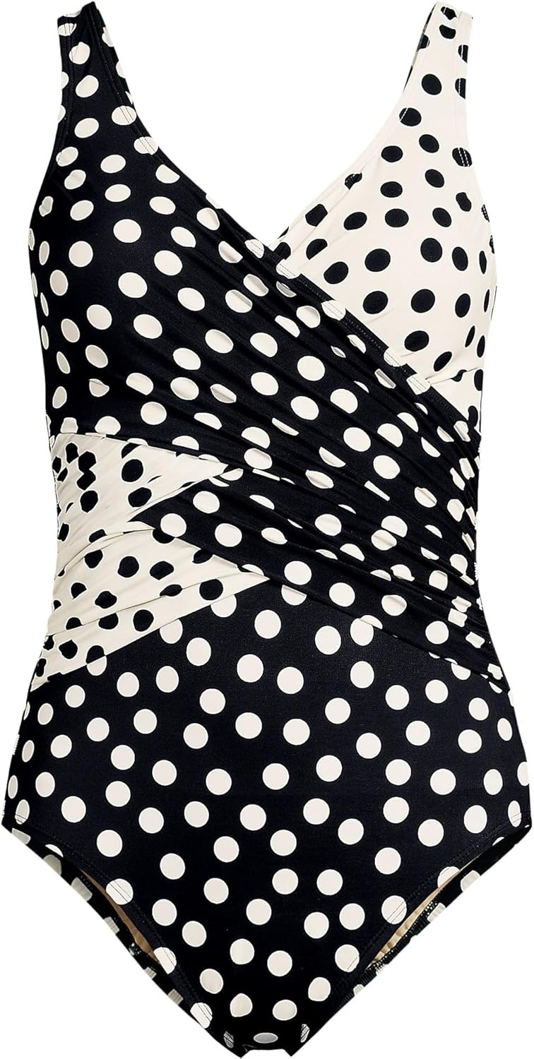 imageLands End Womens New SlenderSuit Wrap One Piece SwimsuitBlackEgret Mixed Tossed Dots