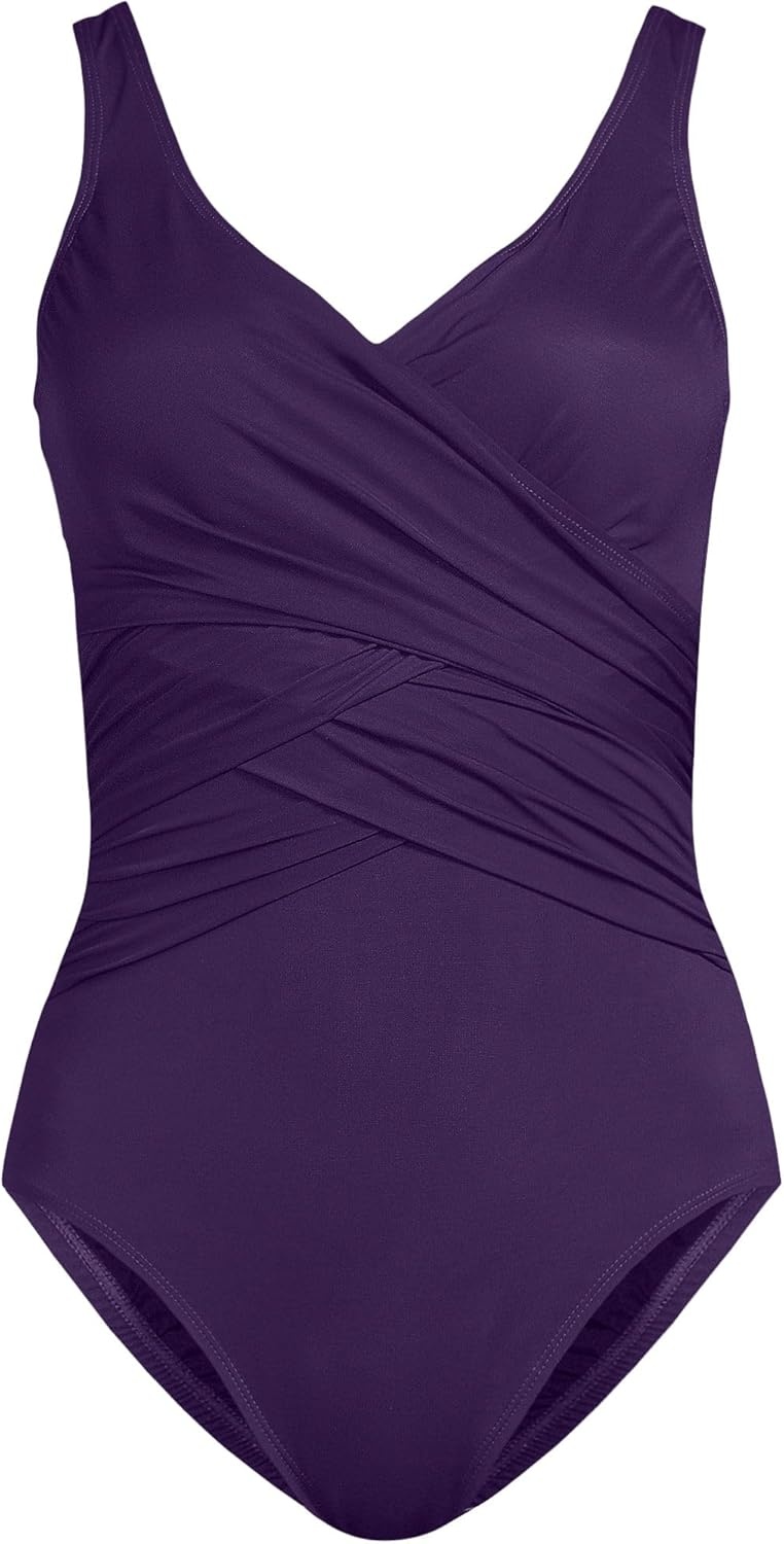 imageLands End Womens New SlenderSuit Wrap One Piece SwimsuitBlackberry