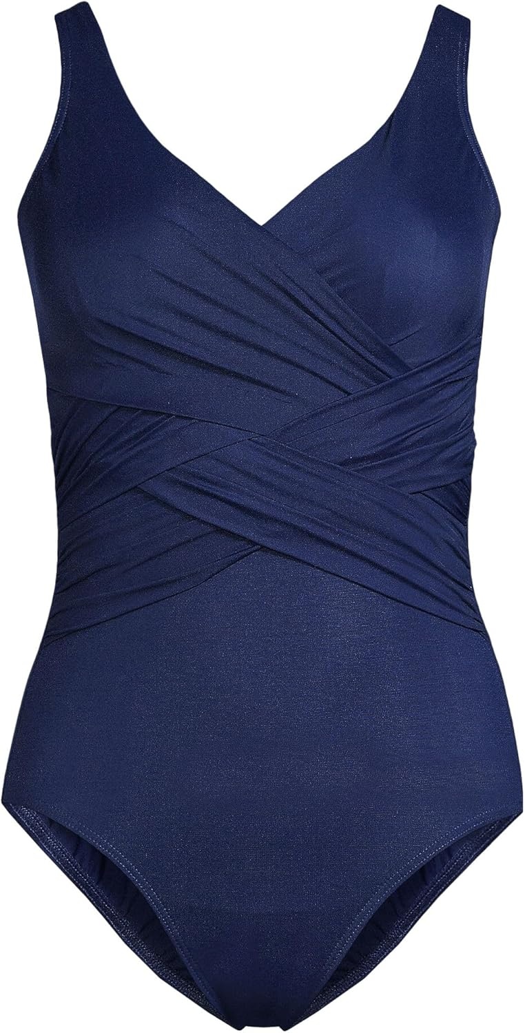 imageLands End Womens New SlenderSuit Wrap One Piece SwimsuitDeep Sea Navy