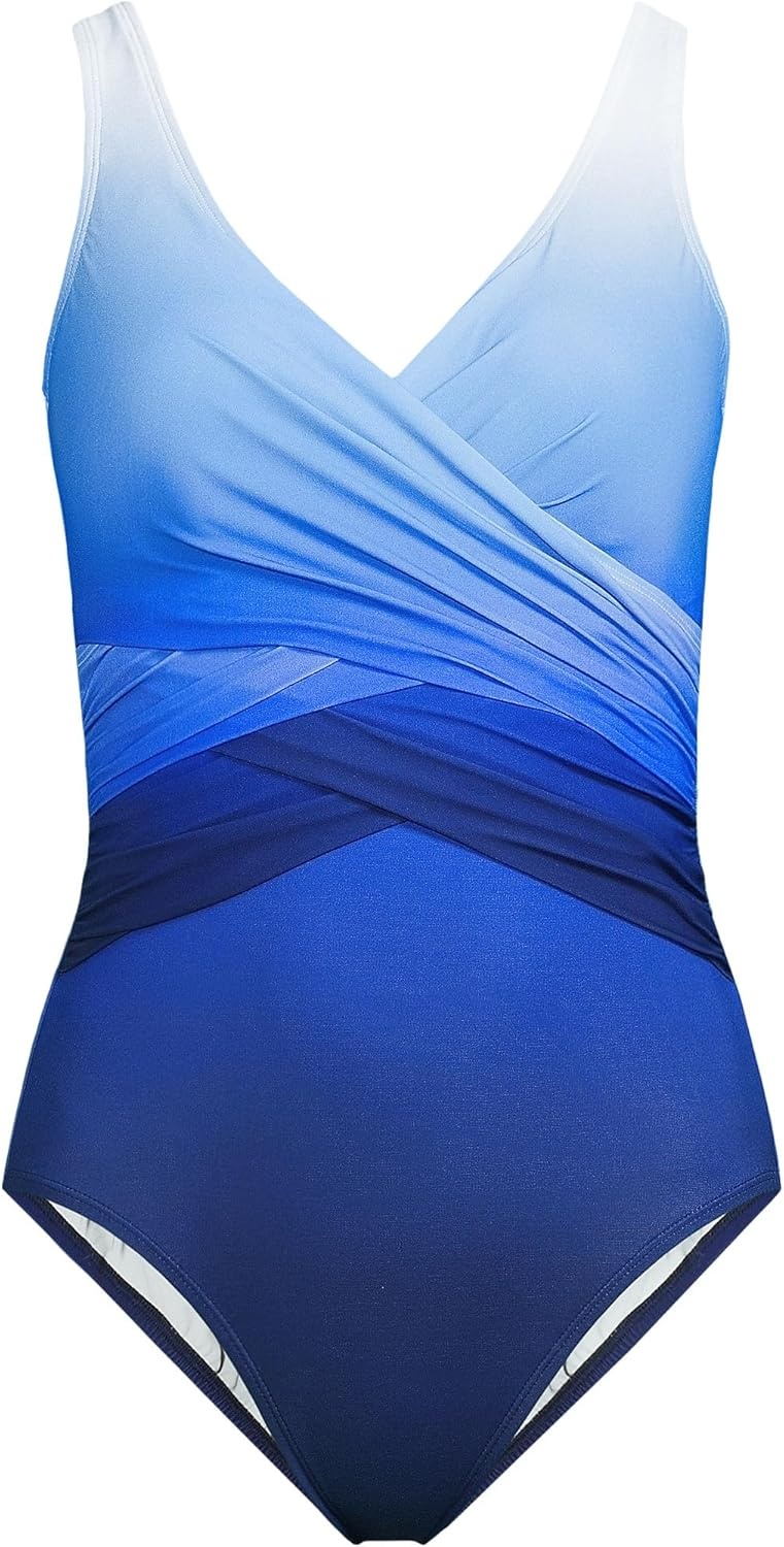 imageLands End Womens New SlenderSuit Wrap One Piece SwimsuitDeep Sea NavySapphire Ombre