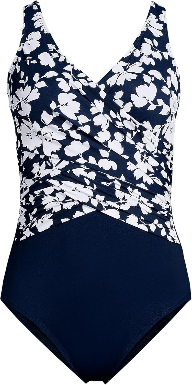 imageLands End Womens New SlenderSuit Wrap One Piece SwimsuitNavy Blossom Floral