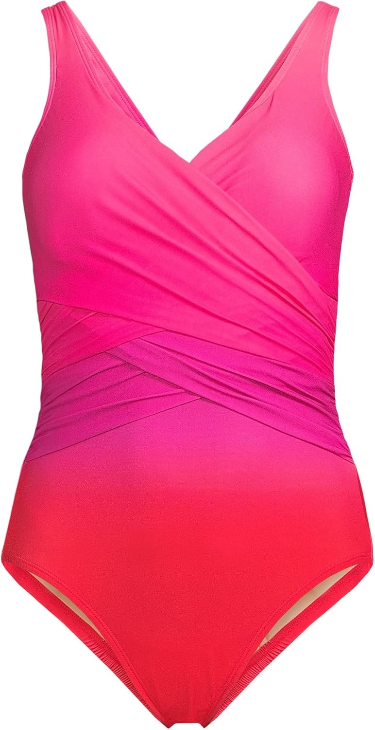 imageLands End Womens New SlenderSuit Wrap One Piece SwimsuitPink Multi Ombre