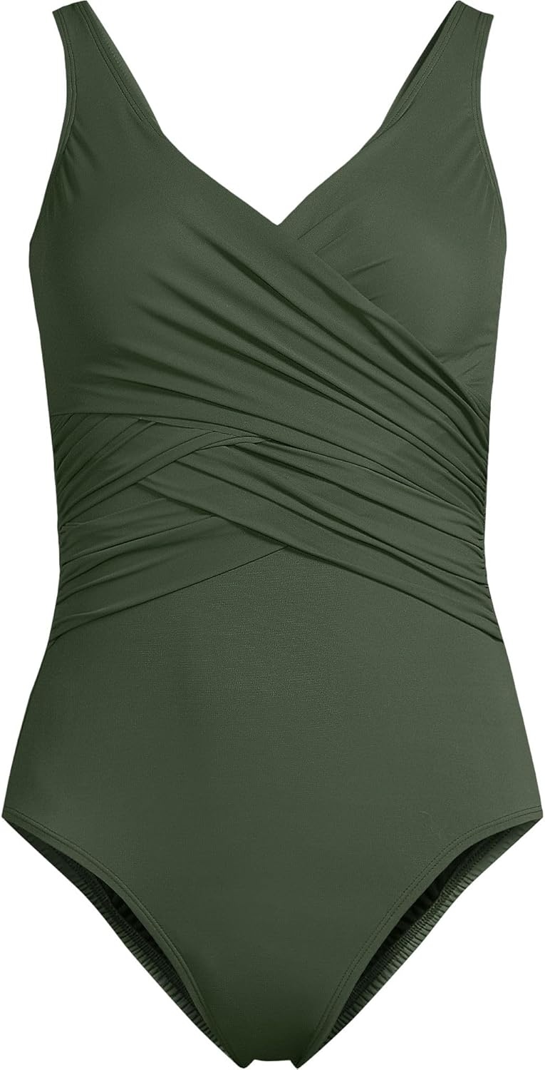 imageLands End Womens New SlenderSuit Wrap One Piece SwimsuitRich Olive Green