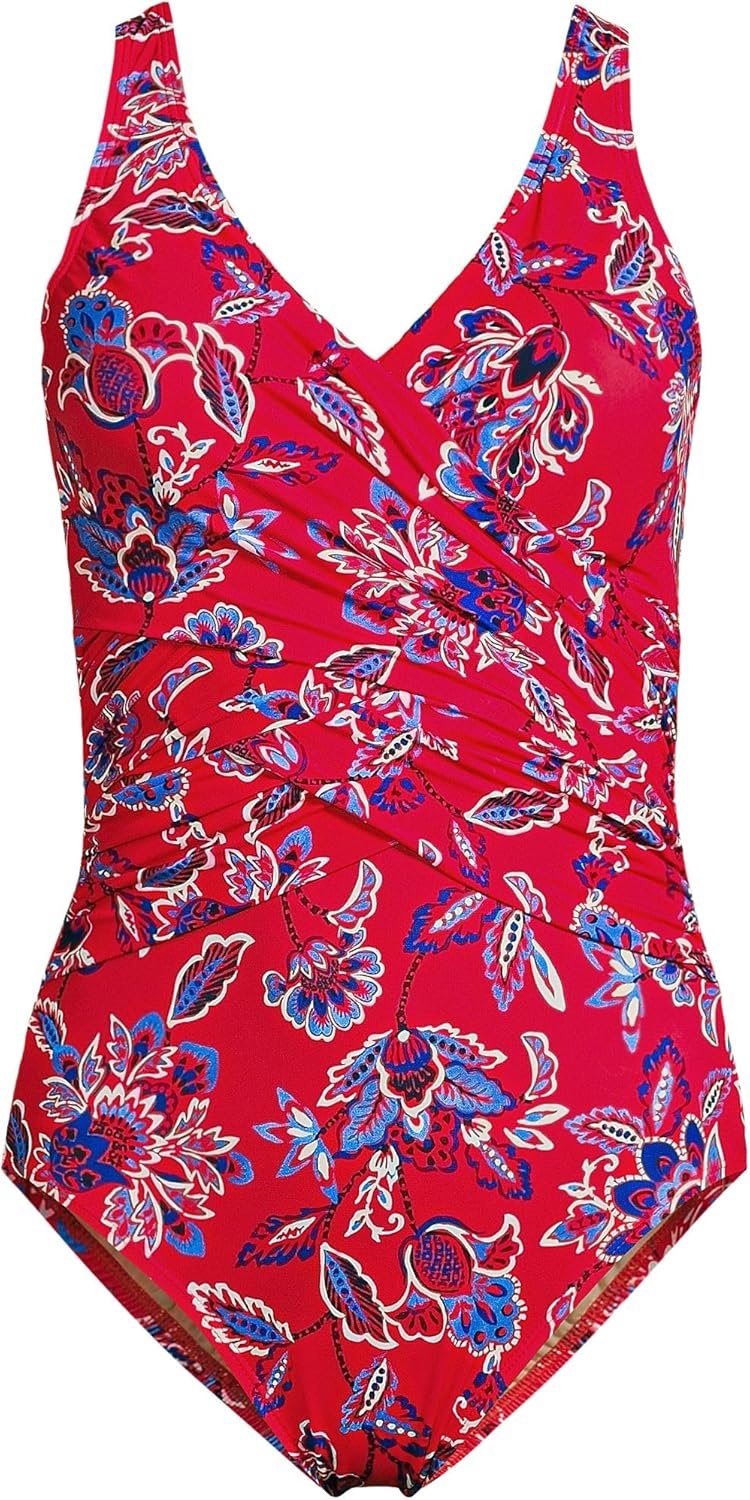 imageLands End Womens New SlenderSuit Wrap One Piece SwimsuitStrawberry Vintage Floral